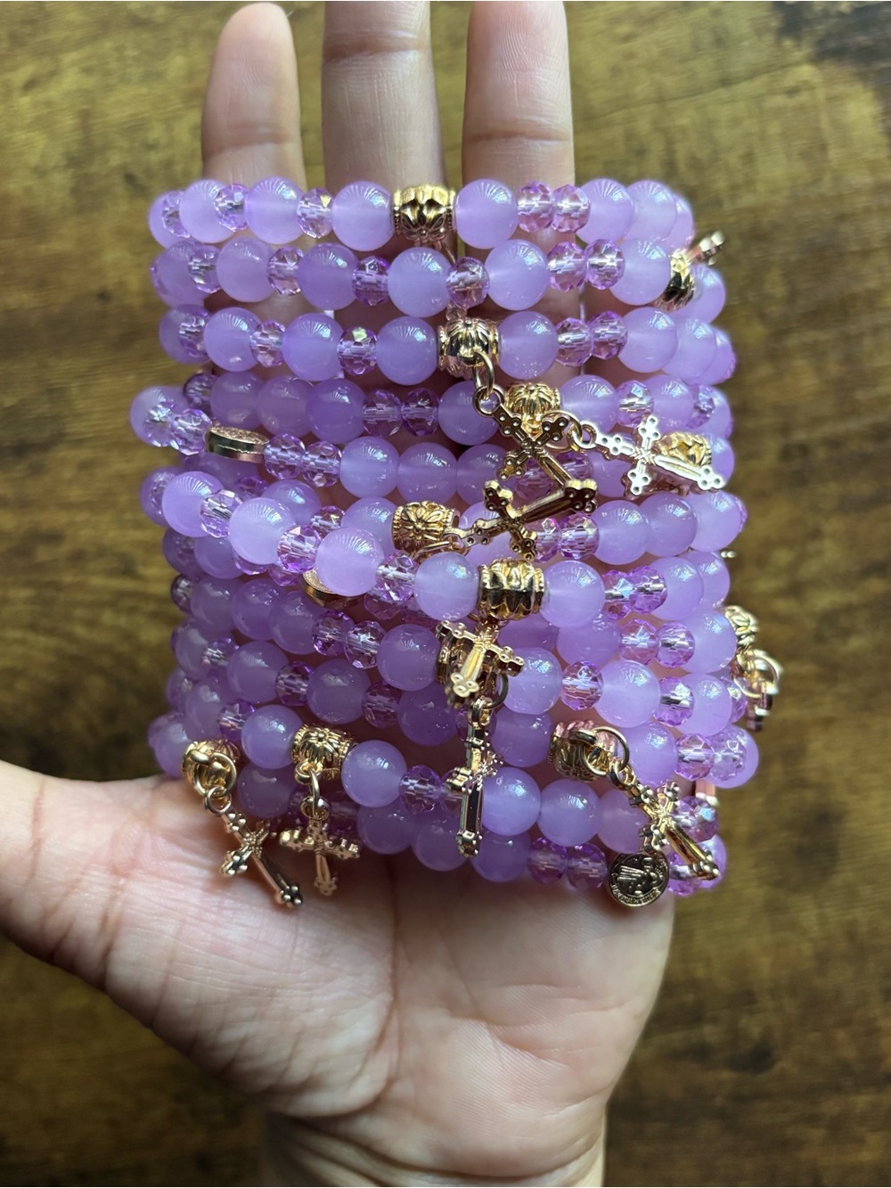 Gold Cross Charm Lavender Beaded Stretch Bracelet
